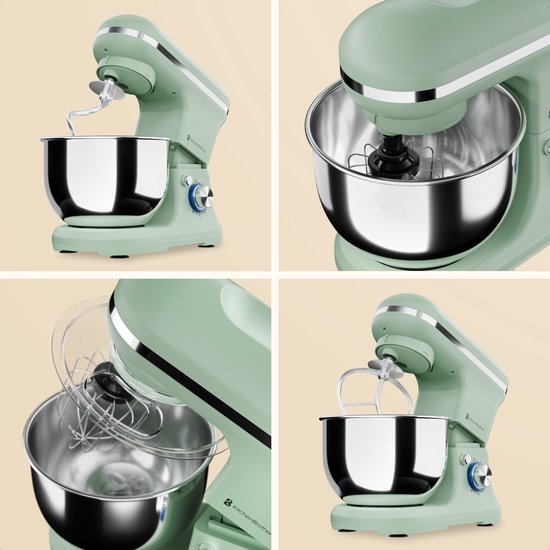 Pastelgroene keukenmachine met zilverkleurige mengkom en deeghaak.