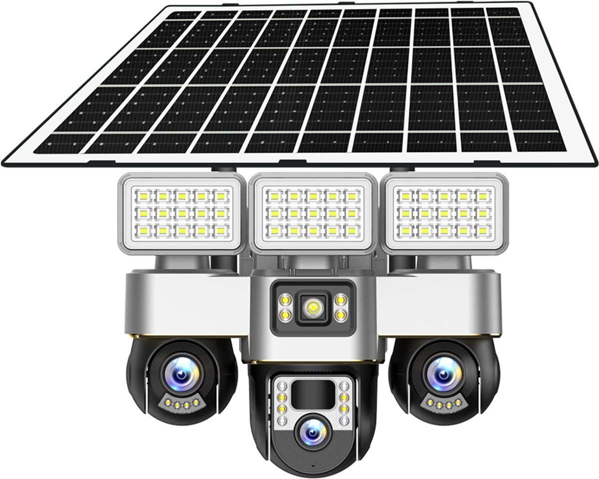 Narvie 4G Solar Buiten Beveiligingscamera – 3-Lens 2K Ultra HD | Draadloos met Zonnepaneel | PTZ 355° Auto-Tracking | AI Bewegingsdetectie | Nachtzicht | SIM-kaart inbegrepen