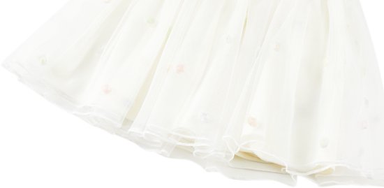 Off-white tule rok met subtiele, veelkleurige stippen en ruches aan de zoom.