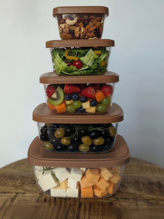 Tobeyz - 5-delige Vershoudbakjes Set met Deksel – Meal Prep Bakjes - Diepvriesbakjes - Vierkant Voedselcontainer - 500ml, 900ml, 1500ml, 2400ml, 3750ml - BPA-vrij, Herbruikbaar - Bruin - QS190