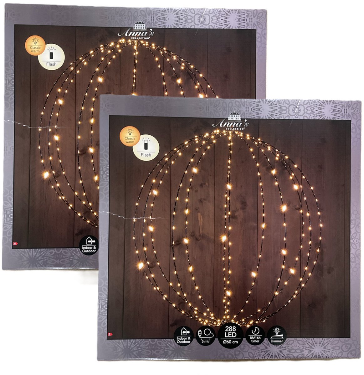 Anna's Collection Verlichte kerstbal hangdecoratie - 2x - D60 cm - 288 led - 24 flash lampjes - warm wit - metaal - kerstverlichting bol