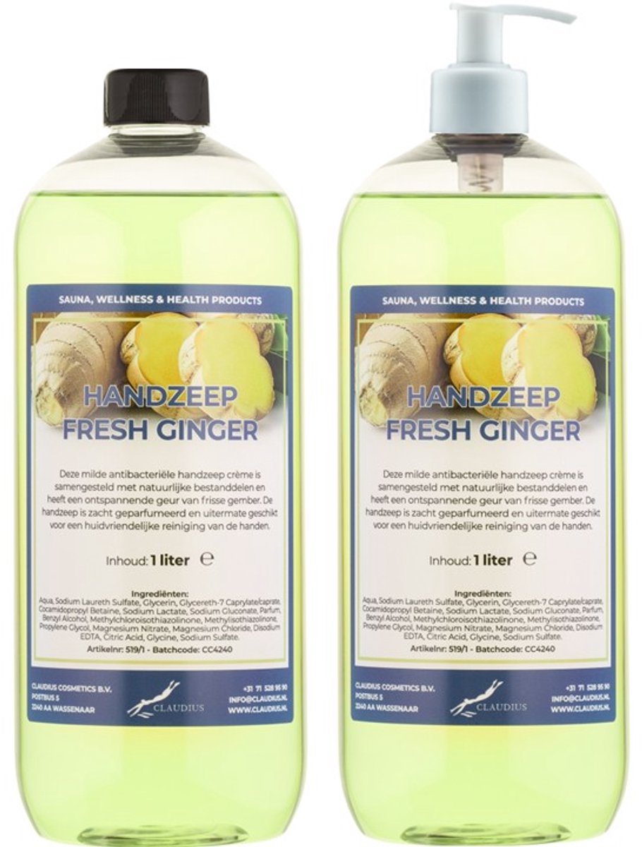 Handzeep Fresh Ginger 1 liter - set van 2 stuks - met gratis pomp - Voordeelverpakking