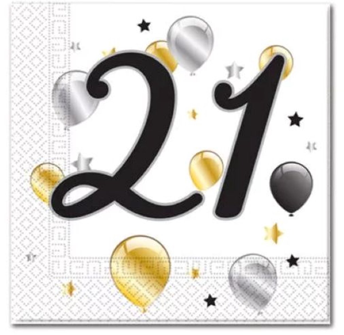 40 Servetten met 21 en ballonnen en sterren - Wit - Zwart - Zilver - Goud - 33 x 33 cm - 2-Laags - Decorata Party