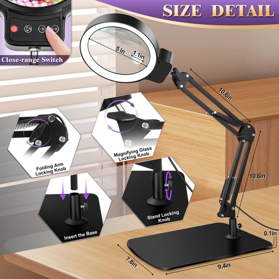 NZQXJXZ 5x oplaadbaar vergrootglas met licht en standaard, 3-in-1