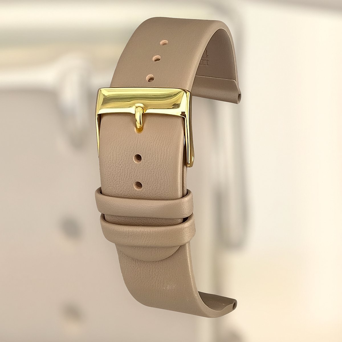 Horlogeband-horlogebandje-20mm-echt leer-taupe-recht-zacht-goudkleurige gesp-soepel-plat-glad-leer-20 mm