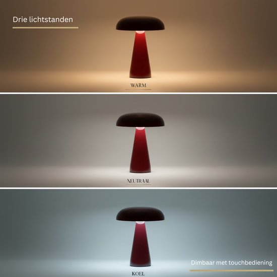 Drie lichtstanden van de rode OMNIEXA tafellamp: warm, neutraal en koel, met touchbediening.