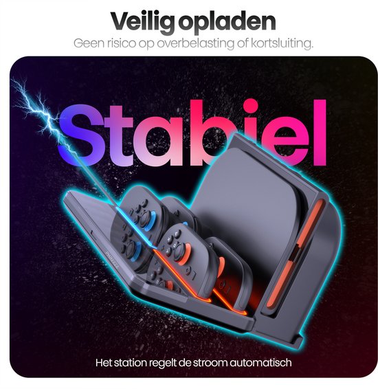 Oplaadstation met vier controllers, rode en blauwe LED-verlichting. Veilig opladen zonder risico op overbelasting of kortsluiting. Het station regelt de stroom automatisch.