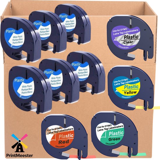 Lot de 10 rubans d'étiquettes compatibles avec Dymo LetraTag - Pack économique de rubans de 12 mm - Mix de 5 couleurs (91201, 12267, 91202, 91203, 91204)