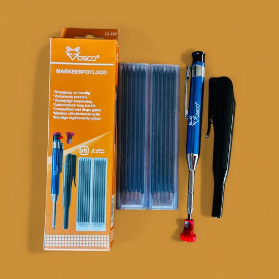 Vosco markeerstift set met blauwe stift, zwarte dop, 2 houders met 12 stuks 2mm navullingen.