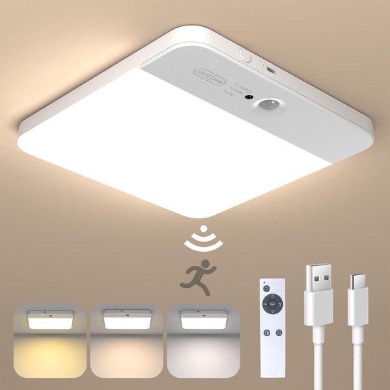 Verlichte witte vierkante plafondlamp met bewegingssensor en afstandsbediening, met drie kleurinstellingen: warm, neutraal en koel wit.