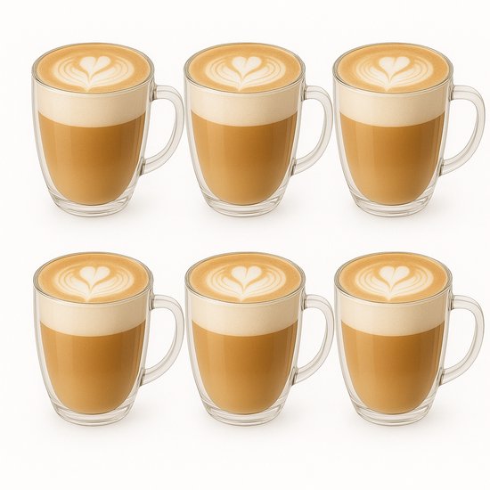 IBS Home - Dubbelwandige Koffieglazen - Koffieglazen - Dubbelwandige theeglazen - Latte Macchiato glazen - Cappuccino glazen - Koffietassen - 250 ml - Set van 6 - Dubbelwandig Borosilicaatglas - Koffieglazen met oor - Koffiekopjes - Theeglazen