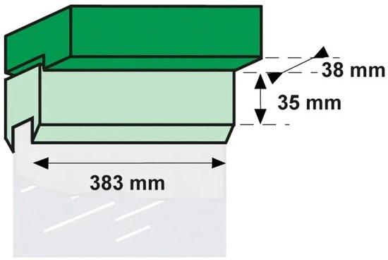 Technische tekening van een montagebeugel met afmetingen 383 mm breed, 35 en 38 mm hoog, in het groen.