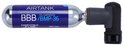 Zilveren AIRTANK CO2 patroon met blauw label met 'BBB / BMP-36' en '16G CO2'.