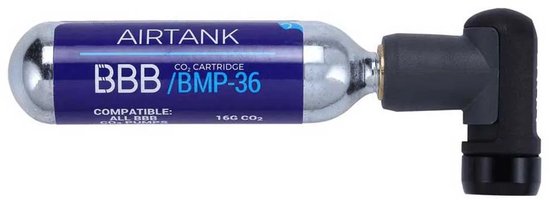 Zilveren AIRTANK CO2 patroon met blauw label met 'BBB / BMP-36' en '16G CO2'.