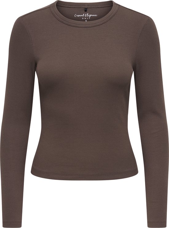 Bruine, nauwsluitende longsleeve top met ronde hals, van ribstof.