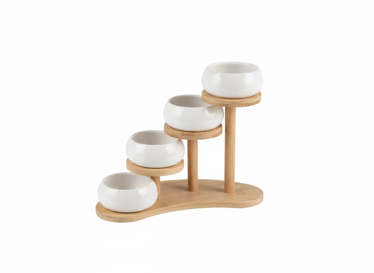 Chubby Snack Bavary Collection – Snackhouder met 4 Keramische Kommetjes op Houten Standaard – Luxe Serveerrek voor Hapjes, Sauzen en Noten – Wit/Naturel – Keramiek & Bamboe