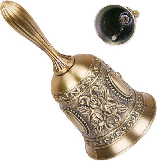 Clochette dorée avec manche strié et motifs floraux.