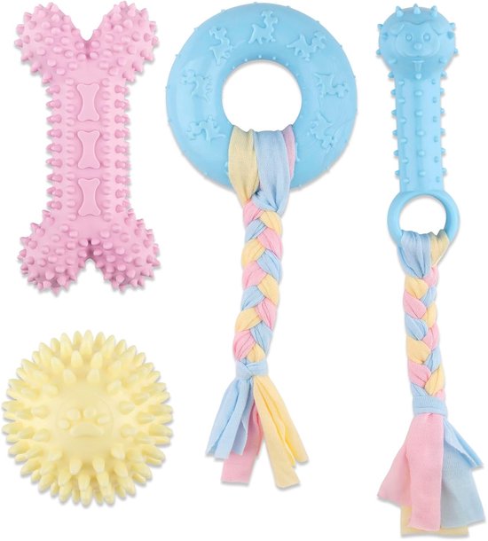 Set van vier hondenspeeltjes: roze bot, blauwe ring met gevlochten touw, blauwe staaf met gevlochten touw, gele bal.