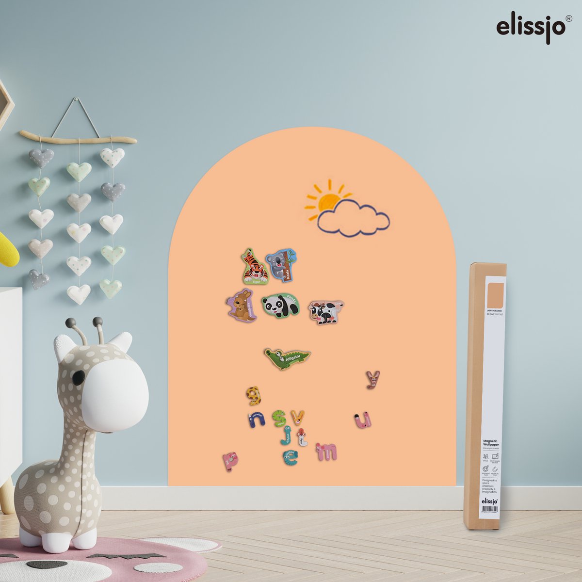 Elissio® Magneticoo Magnetische Muursticker 100x80 cm - Magneetsticker met krijtbordfunctie - Perzikoranje - Magneetbord voor Kinderkamer - Boogvorm