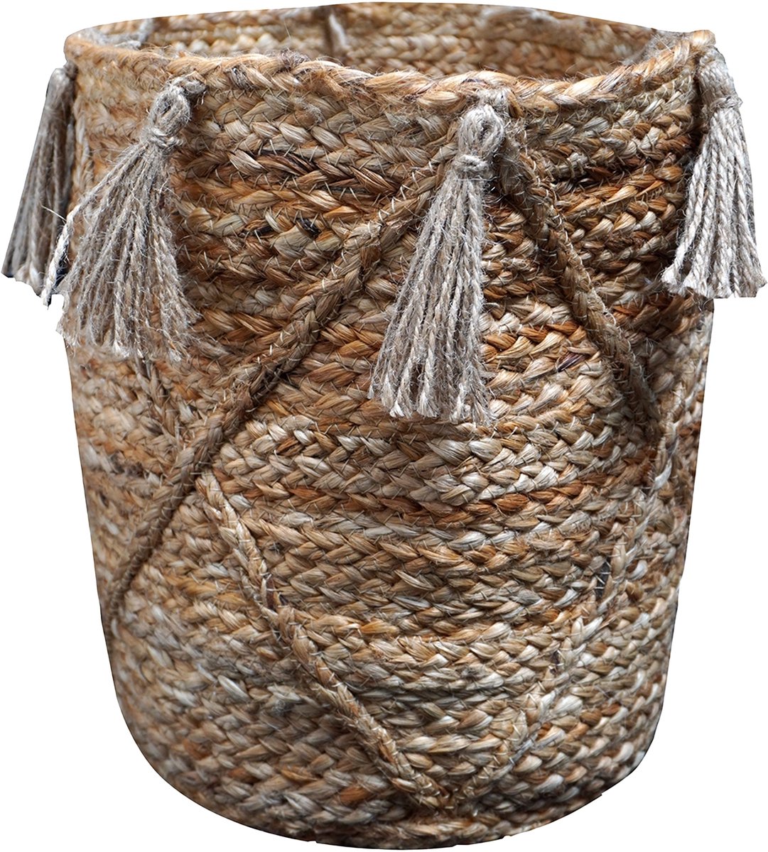 Urbane Hide | Opbergmand | Handgevlochten Decoratieve Mand met Diamantpatroon & Kwastjes | Plantenmand | 100% Natuurlijke Jute | Bruin | Ø30xH25 cm