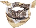 Crème satijnen vierkante sjaal met paisley-print en bruine, witte en gouden rand.