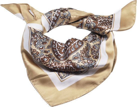 Crème satijnen vierkante sjaal met paisley-print en bruine, witte en gouden rand.