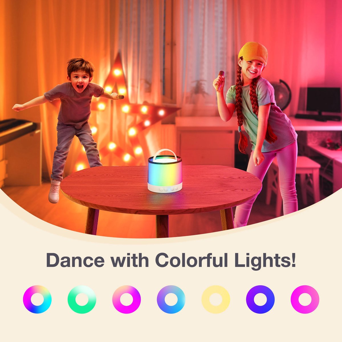 Karaokemachine met 2 draadloze microfoons, mini draagbare Bluetooth-luidspreker met kleurrijke verlichting voor kinderen en volwassenen, geschenken speelgoed voor meisjes en jongens 4, 5, 6, 7, 8, 9