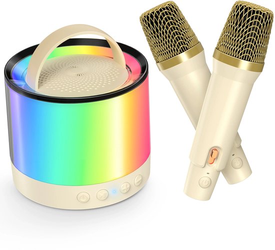 Karaoke-machine met 2 draadloze microfoons, Bluetooth-karaoke-luidspreker voor kinderen en volwassenen - Beige