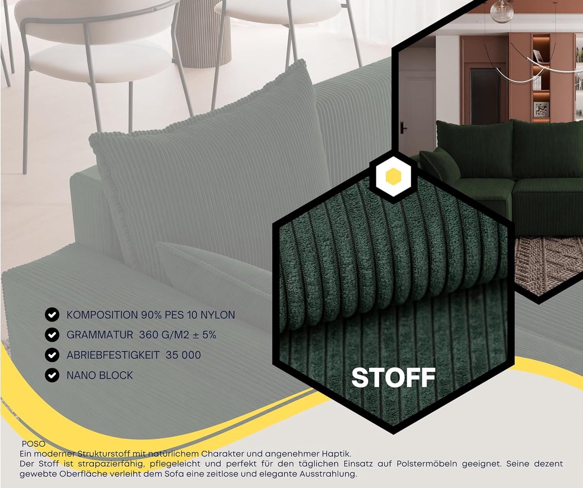 Hoekbank met slaapfunctie en opbergruimte - Luxe L-vormige slaapbank met bedlade 246x145 cm - Compacte 3-zits slaapbank in flessengroen corduroy stof - Comfortabele bank voor woonkamer of logeerkamer – Novihome