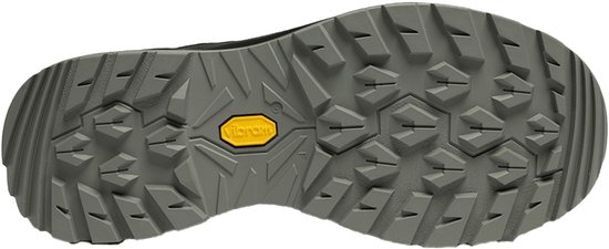 Grijze buitenzool van een wandelschoen met VIBRAM-logo en grof profiel.