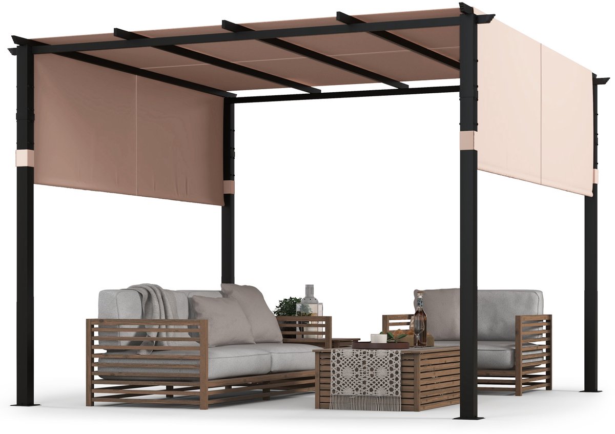 COSTWAY Pergola met 2 verstelbare daken, 3,05 x 3,05 m paviljoen, waterdicht, stabiel, winterbestendig, tuinpaviljoen met robuuste metalen zuilen voor terras, tuin, dek (beige)