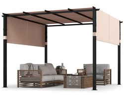 COSTWAY Pergola met 2 verstelbare daken, 3,05 x 3,05 m paviljoen, waterdicht, stabiel, winterbestendig, tuinpaviljoen met robuuste metalen zuilen voor terras, tuin, dek (beige)