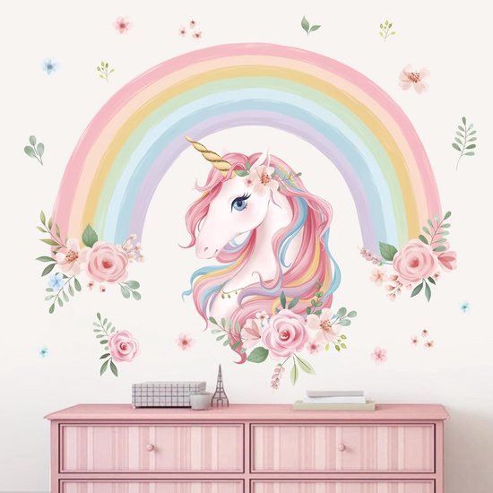 Muurtattoo regenboog, grote muursticker, eenhoorn, bloemen, muursticker, wanddecoratie voor meisjes, kinderkamer, slaapkamer, woonkamer