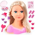 Kaphoofd met lang blond haar, blauwe ogen en make-upaccessoires zoals een make-uppalet, borstel, haarrollers en tiara's.