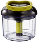 Tefal hakmolen met transparante container, zwarte deksel en limegroen handvat. Binnenin zit een limegroene snij-as.