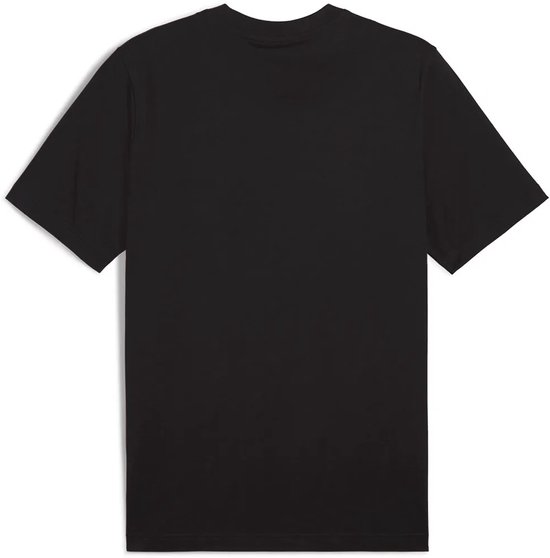 Achterkant van een effen zwart T-shirt met korte mouwen.