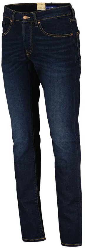 Donkerblauwe slim fit jeans met gele stiksels, gedraaid model.