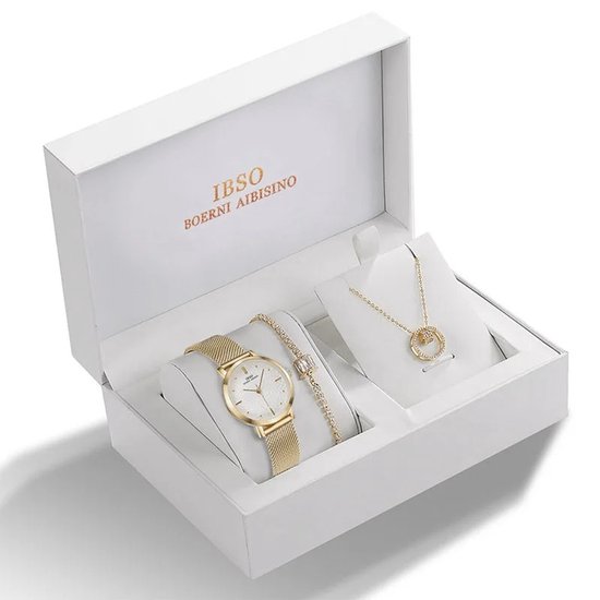 Gouden IBSO dameshorloge met mesh band, bijpassende armband en ketting met dubbele ringen in luxe doos.