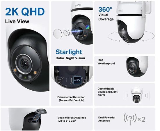 TP-Link Tapo C520WS - Caméra de sécurité - Plein air - 2,5K - 360° horizontal & 130° vertical - Caméra WiFi