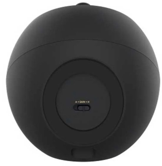 Zwarte ronde speaker met aan de achterkant een draaiknop voor gain.