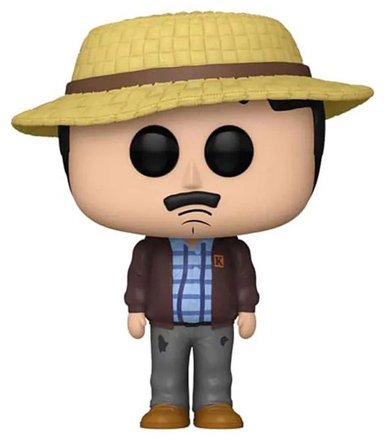 Funko Pop! boer Randy Marsh, nummer 1473. Cartoonversie met strooien hoed, bruine jas, blauw geruit hemd en grijze broek.