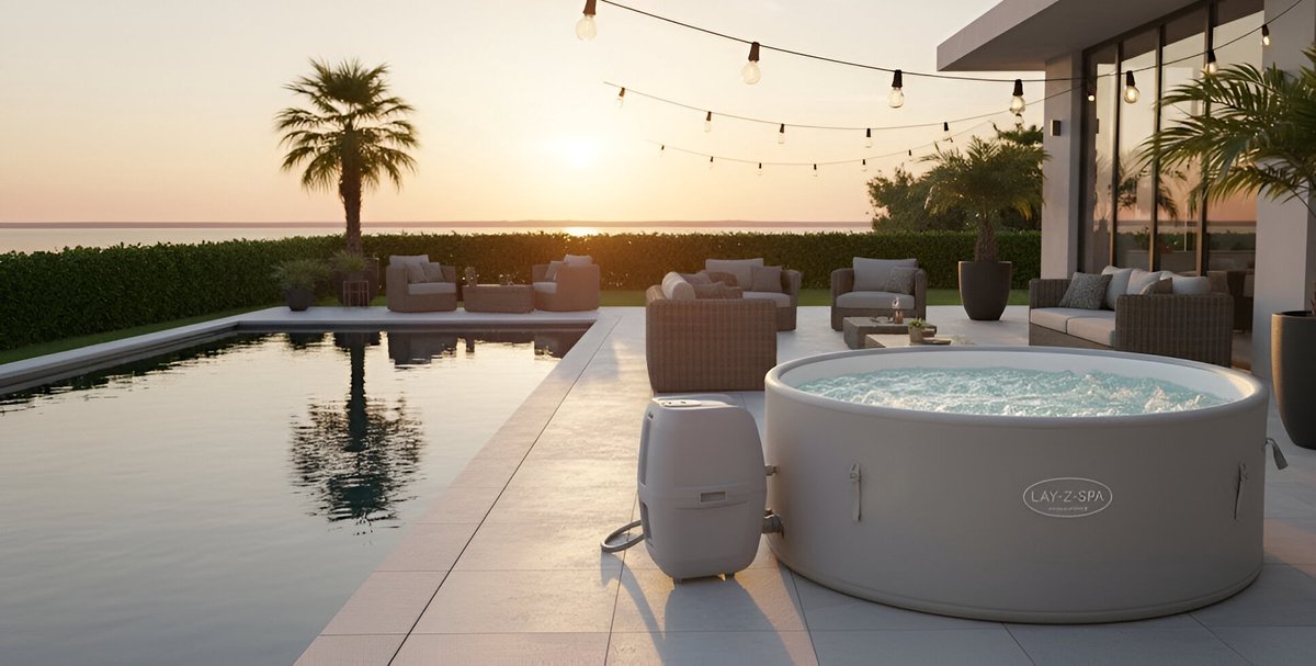 Opblaasbare Jacuzzi Novihome Vancouver AirJet Plus™ WiFi Bubbelbad – 3 tot 5 Personen – Ø155x60 cm – 804L – Rond – Luxe Steenlook – Verwarming & Massagefunctie – App-bediening via Smartphone – Compleet Spa Systeem