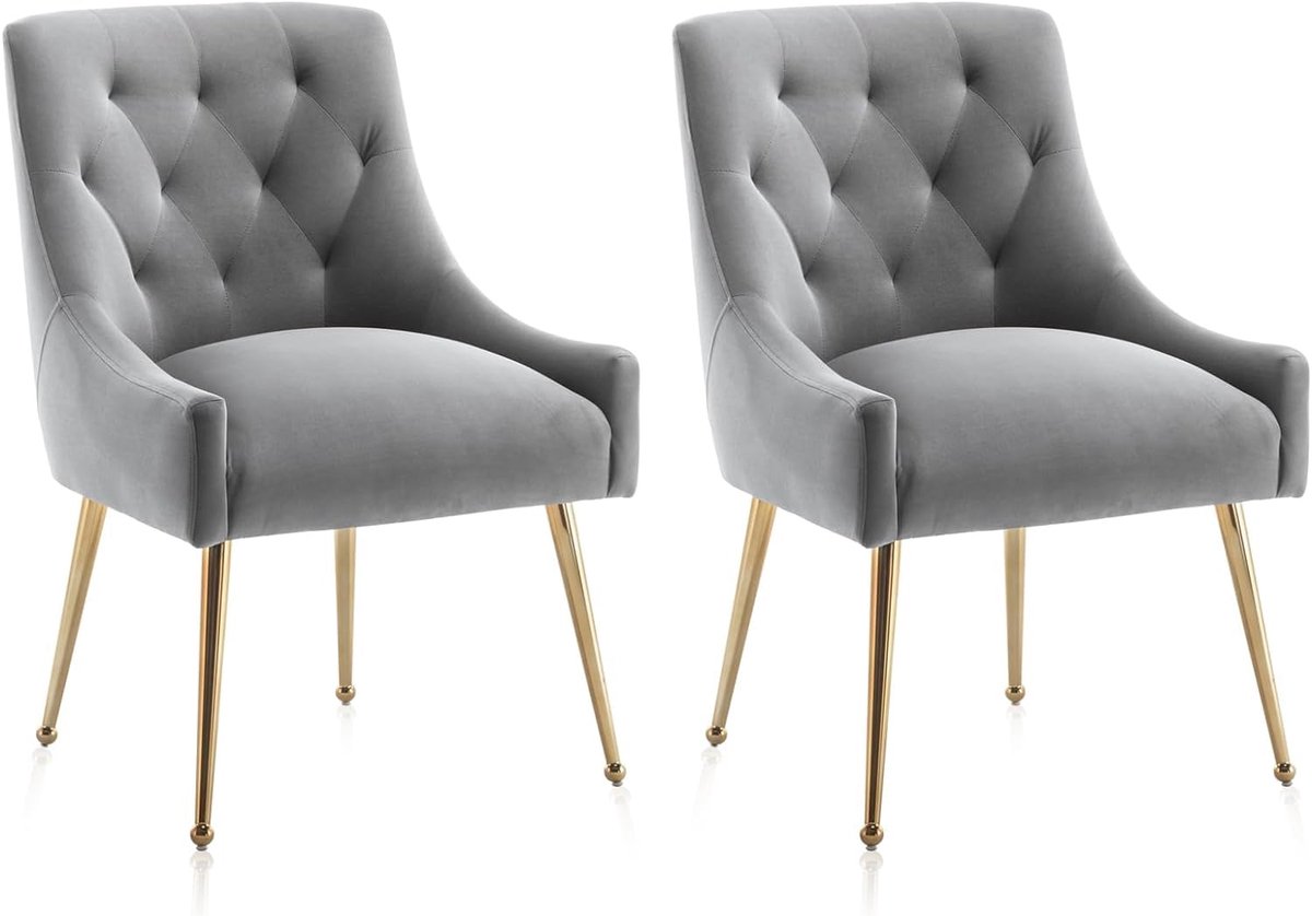 SEYNAR Set van 2 Eetkamerstoelen – Grijze Fluwelen Stoelen met Gouden Metalen Poten – Comfortabele Accentstoelen voor Woonkamer en Eetkamer