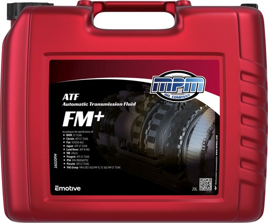 MPM ATF FM+ automatische transmissievloeistof in een rode 20L jerrycan. De specificaties staan op het etiket.