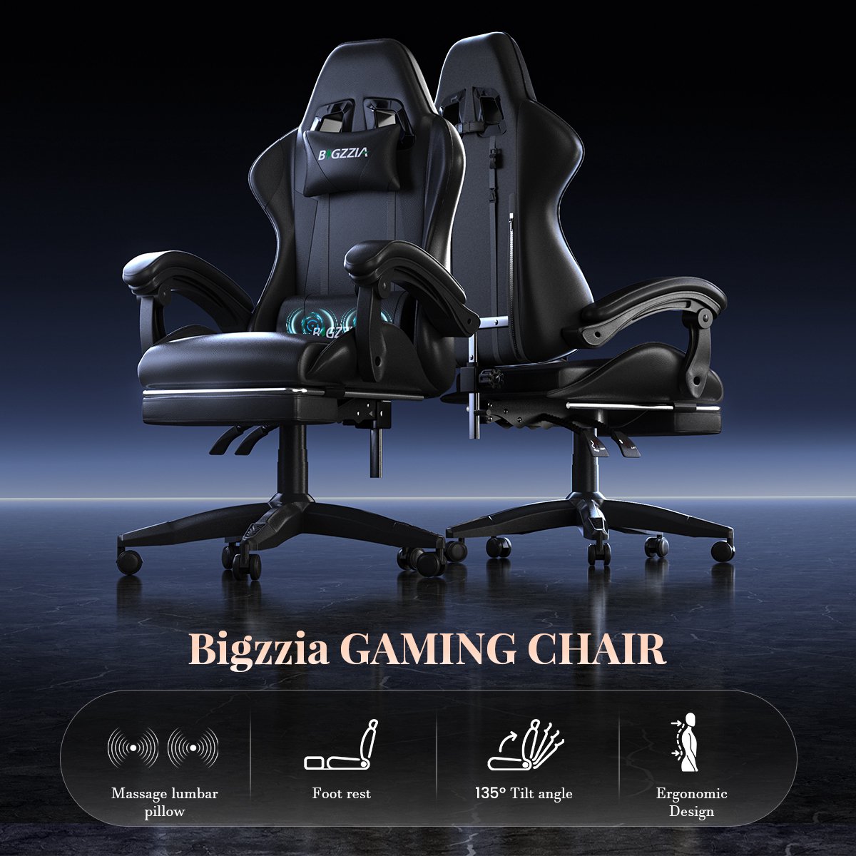 BIGZZIA Gamingstoel met Massagefunctie - Ergonomisch Zwart - afbeelding 3