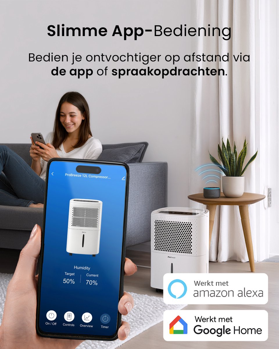 Pro Breeze Luchtontvochtiger compressor 12 l/dag met automatische vochtsensor, drogen van de was, continue afwatering, nachtmodus en 24 uur timer, vermindert vocht, schimmel, condensatie