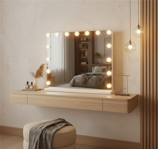 OMNIEXA Hollywood Spiegel 3 Lichtkleuren Dimbaar USB C Usb A Opladen 10x Detailspiegel Wand Tafel Wit 58x46cm 15 Lampen 2804535465