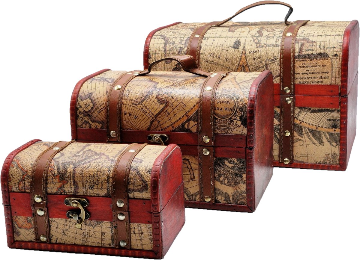 Boutique Trukado - Schatkist Wereldkaart Vintagelook - Set van 3