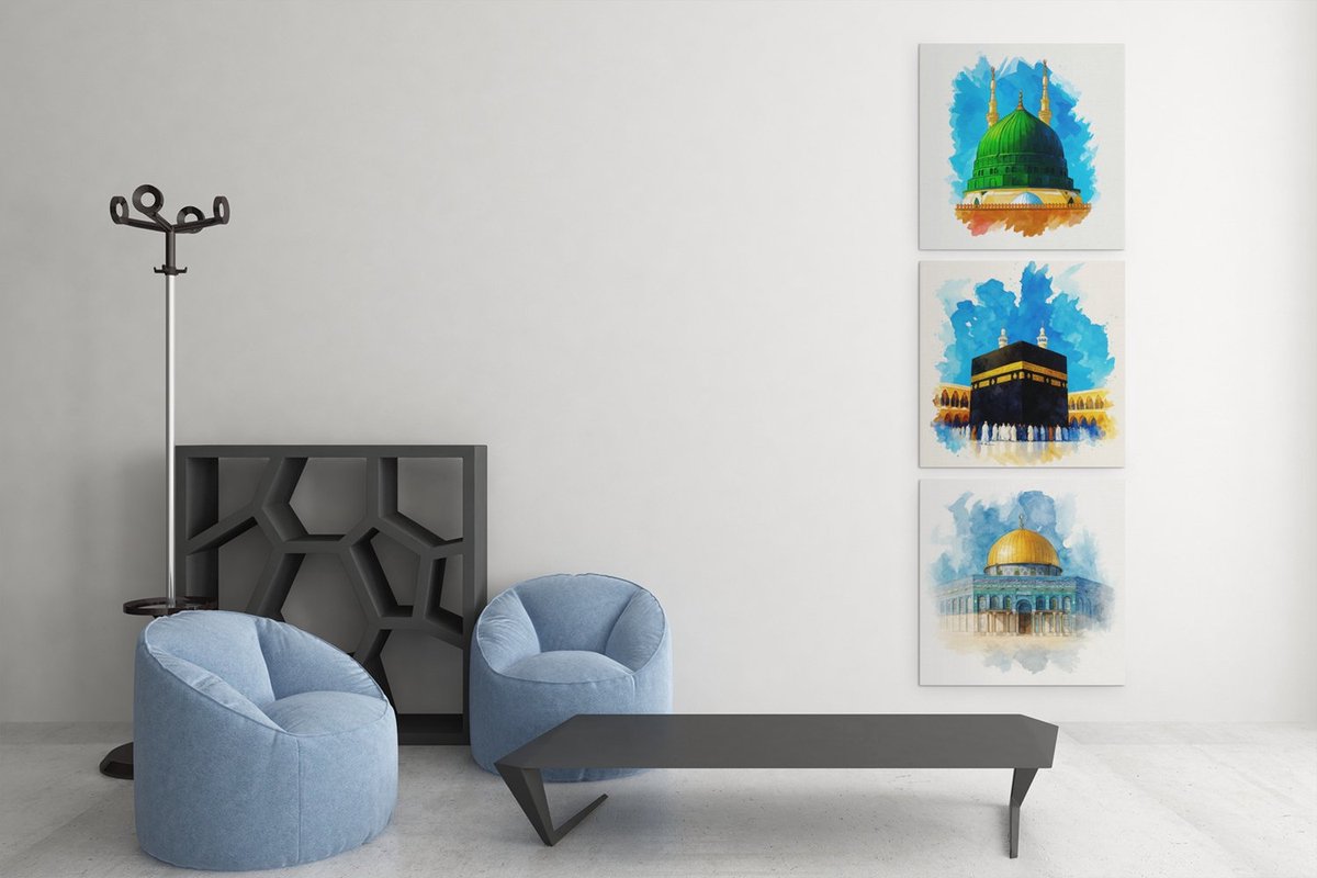 Trendex Global Drieluik Canvas Schilderij Islamitische Steden – Mekka Medina en Al-Aqsa - 3x100x100 cm Groen