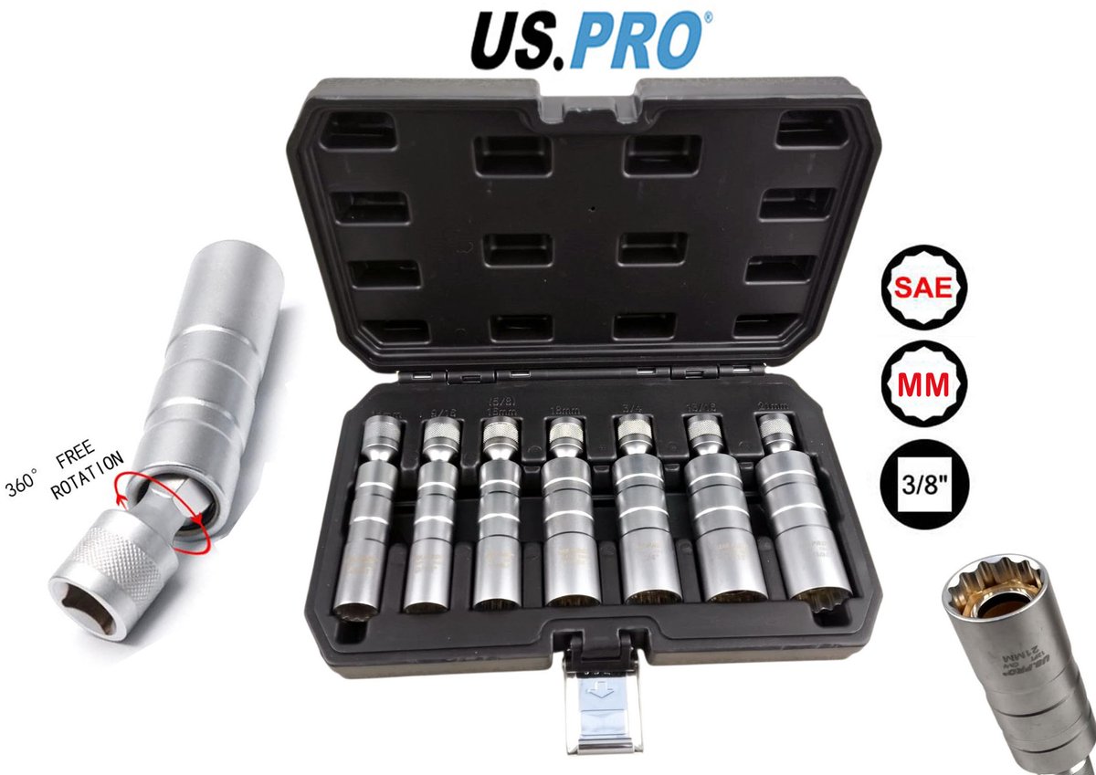Magnetische Bougie doppenset met 7 dunwandige bougie doppen met kniegewricht (Bevat Engelse en Metrische maten 9/16" - 3/4" en 13/16" - 14 mm - 16 mm -18 mm en 21 mm)